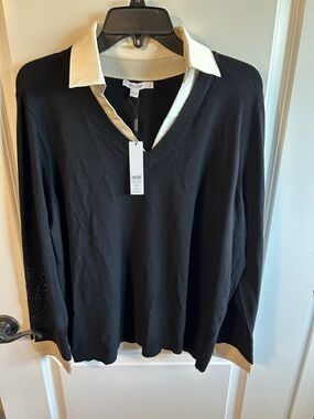 Chico's Black V-Neck Sweater with Cream Collar and Cuff Trim
#036